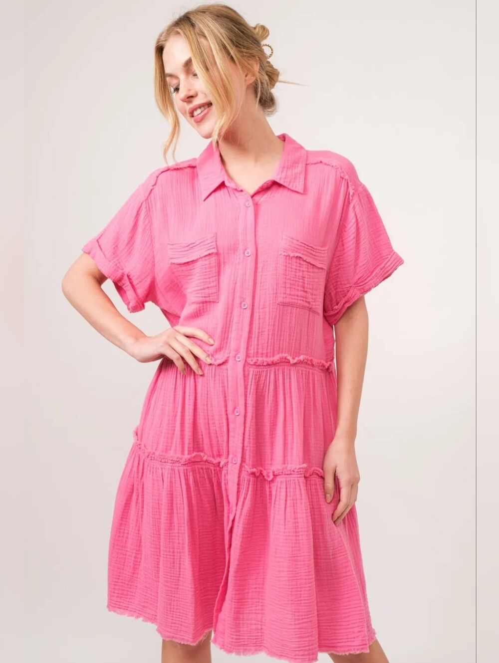 🌸And The Why Full Size Raw Edge Washed Tiered Shirt Dress